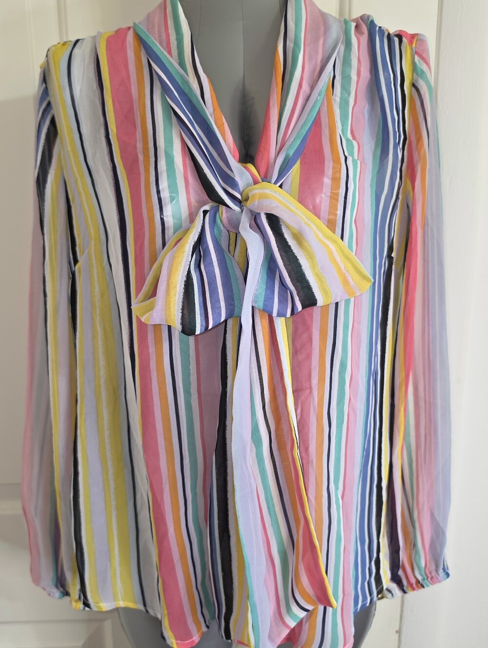 New York & Company Multi-Color Striped Bow-Neck Blouse